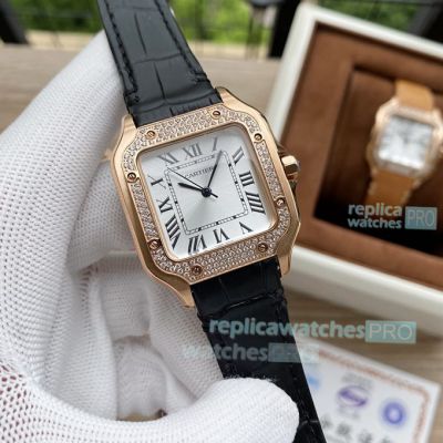 Cartier Santos lady Ultra-thin Rose Gold Leather Strap Watch Replica 